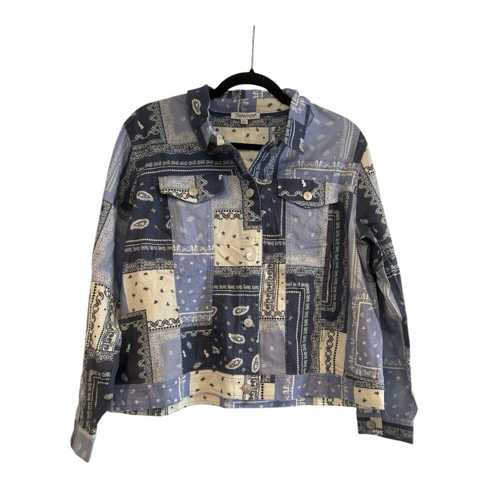 Northstyle Women’s Patchwork Paisley Button Up Jean Jacket Collared Artsy Blue L - Picture 1 of 8